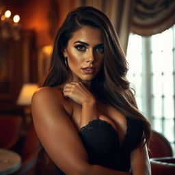 A sensual and intimate portrayal of a confident woman in an elegant and tasteful setting, capturing her allure and feminine grace