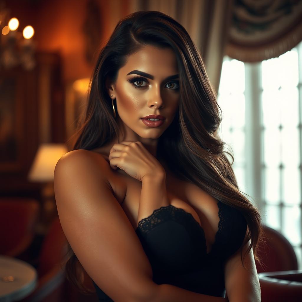 A sensual and intimate portrayal of a confident woman in an elegant and tasteful setting, capturing her allure and feminine grace