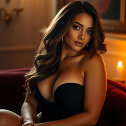 A sensual and intimate portrayal of a confident woman in an elegant and tasteful setting, capturing her allure and feminine grace