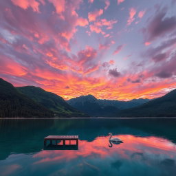 a surreal landscape featuring a vibrant sunset over a tranquil lake, surrounded by lush green mountains