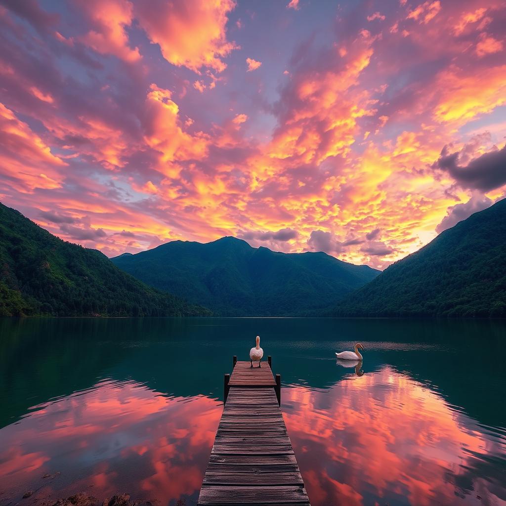 a surreal landscape featuring a vibrant sunset over a tranquil lake, surrounded by lush green mountains