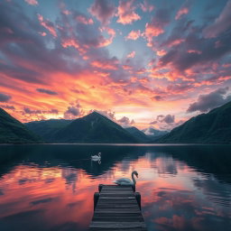 a surreal landscape featuring a vibrant sunset over a tranquil lake, surrounded by lush green mountains