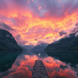 a surreal landscape featuring a vibrant sunset over a tranquil lake, surrounded by lush green mountains