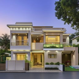 A lavish house featuring a ground floor with an organised wash area, a dedicated servant room, a capacious storage, a trendy kitchen-dining space, a cozy living room, an elegant powder room, a comforting guest room, and a peaceful pooja room.