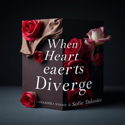 A captivating book cover design for 'When Hearts Diverge' by Alexandra Schober and Sofie Dahinden, featuring a contrasting design with rumpled red roses on one side and beautiful, pristine red roses on the other side