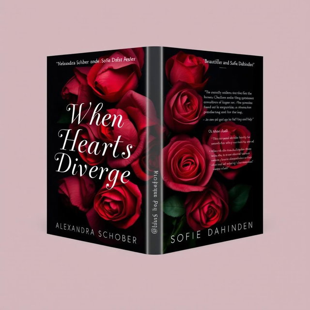 A captivating book cover design for 'When Hearts Diverge' by Alexandra Schober and Sofie Dahinden, featuring a contrasting design with rumpled red roses on one side and beautiful, pristine red roses on the other side
