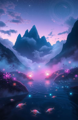A captivating and mystical otherworldly scene at twilight, featuring ethereal landscapes with glowing flora and bioluminescent plants