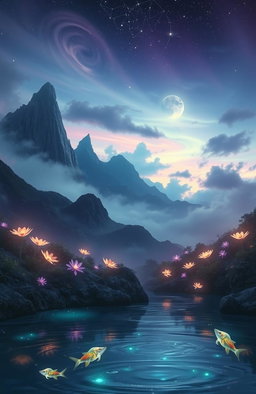 A captivating and mystical otherworldly scene at twilight, featuring ethereal landscapes with glowing flora and bioluminescent plants