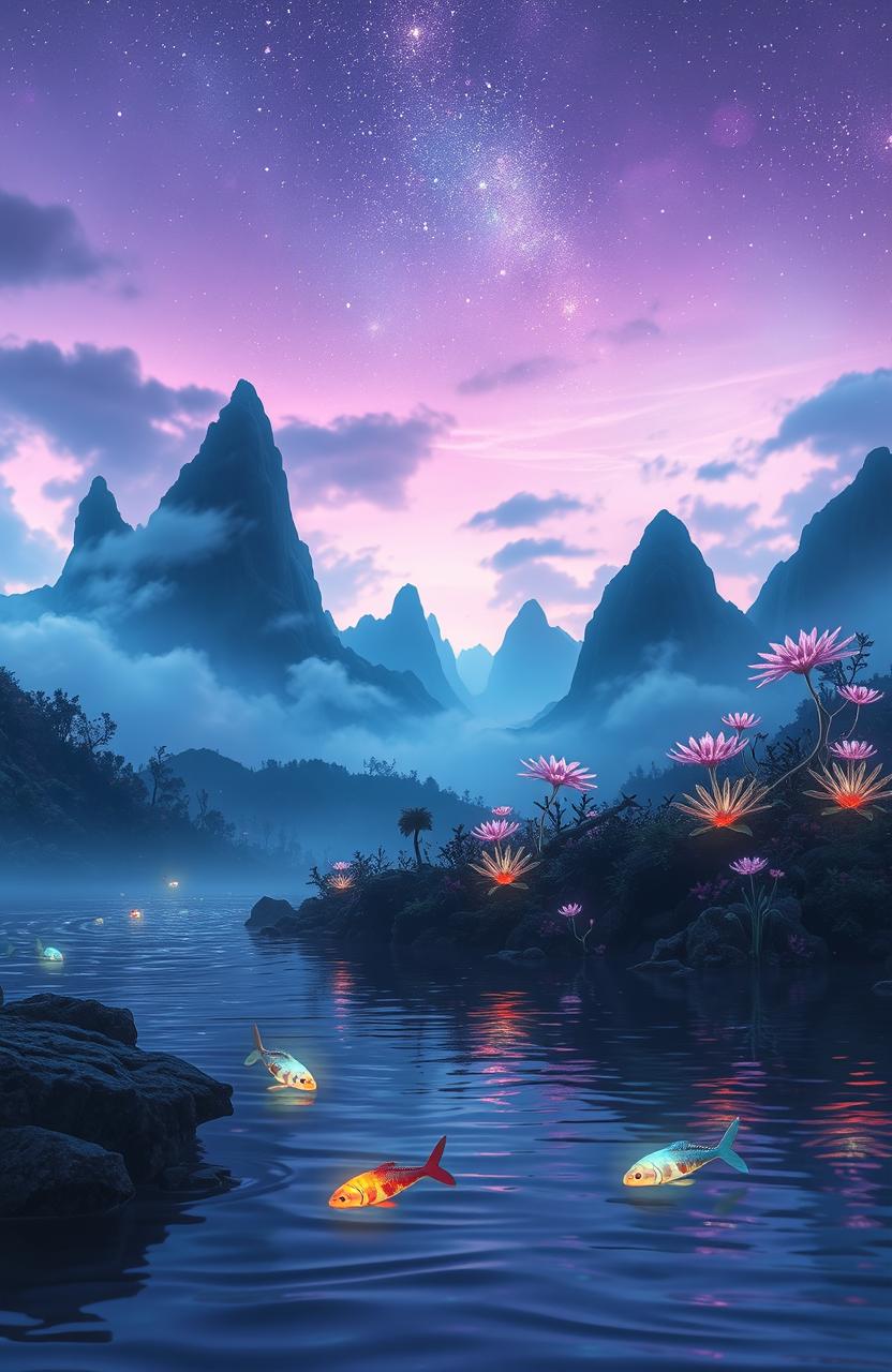A captivating and mystical otherworldly scene at twilight, featuring ethereal landscapes with glowing flora and bioluminescent plants