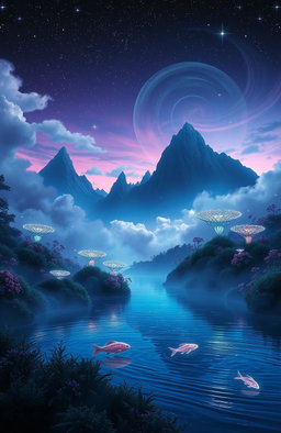 A captivating and mystical otherworldly scene at twilight, featuring ethereal landscapes with glowing flora and bioluminescent plants