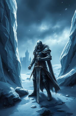 A dramatic fantasy scene depicting a fierce warrior standing on a frozen landscape, caught between towering ice formations and a dark, ominous sky