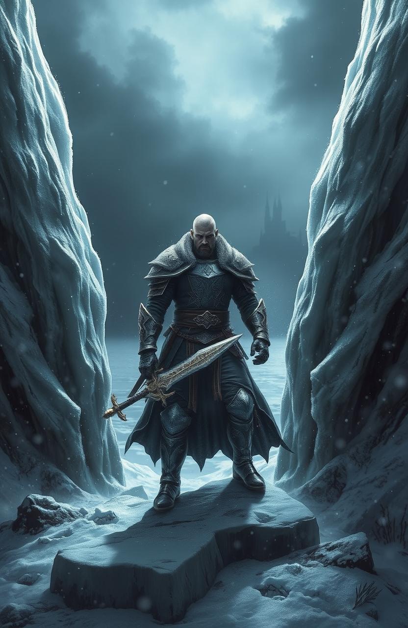 A dramatic fantasy scene depicting a fierce warrior standing on a frozen landscape, caught between towering ice formations and a dark, ominous sky