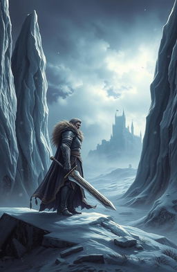 A dramatic fantasy scene depicting a fierce warrior standing on a frozen landscape, caught between towering ice formations and a dark, ominous sky