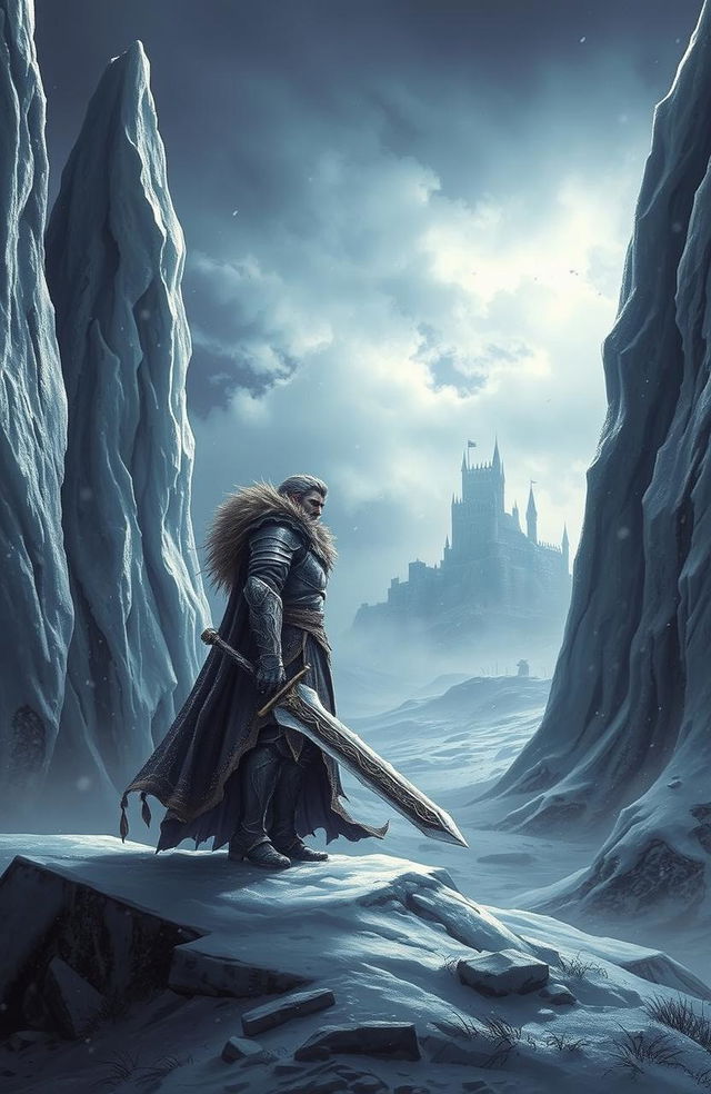 A dramatic fantasy scene depicting a fierce warrior standing on a frozen landscape, caught between towering ice formations and a dark, ominous sky
