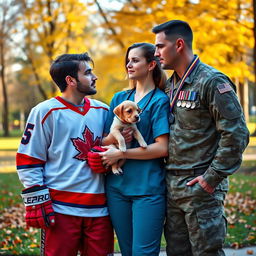 A vibrant scene capturing a love triangle involving a charismatic hockey player, a compassionate veterinarian, and a brave army soldier
