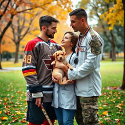 A vibrant scene capturing a love triangle involving a charismatic hockey player, a compassionate veterinarian, and a brave army soldier
