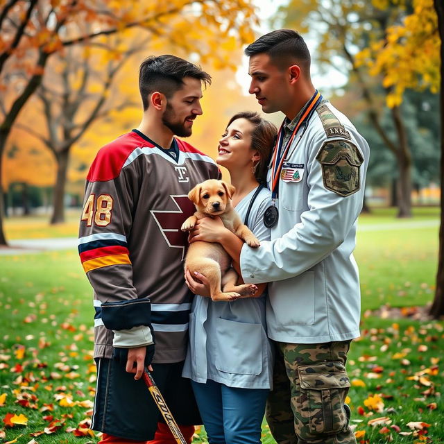 A vibrant scene capturing a love triangle involving a charismatic hockey player, a compassionate veterinarian, and a brave army soldier
