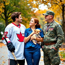 A vibrant scene capturing a love triangle involving a charismatic hockey player, a compassionate veterinarian, and a brave army soldier