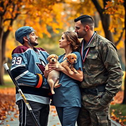 A vibrant scene capturing a love triangle involving a charismatic hockey player, a compassionate veterinarian, and a brave army soldier