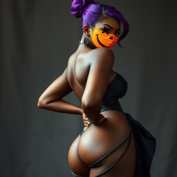 A slim thick, chocolate toned African American woman with a slim waist, styled with vibrant purple hair