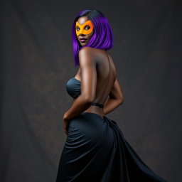 A slim thick, chocolate toned African American woman with a slim waist, styled with vibrant purple hair