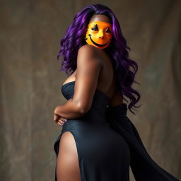 A slim thick, chocolate toned African American woman with a slim waist, styled with vibrant purple hair