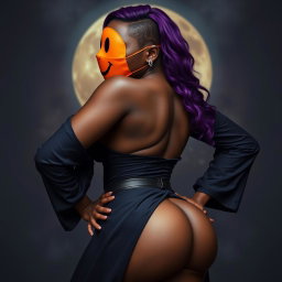 A slim thick, chocolate toned African American woman with a slim waist, styled with vibrant purple hair