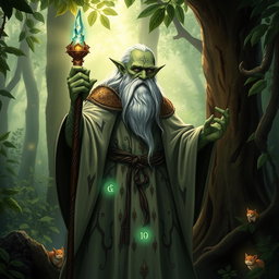 An elderly Firbolg wizard in a mystical forest setting
