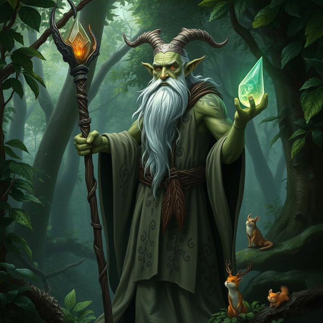 An elderly Firbolg wizard in a mystical forest setting