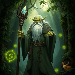An elderly Firbolg wizard in a mystical forest setting