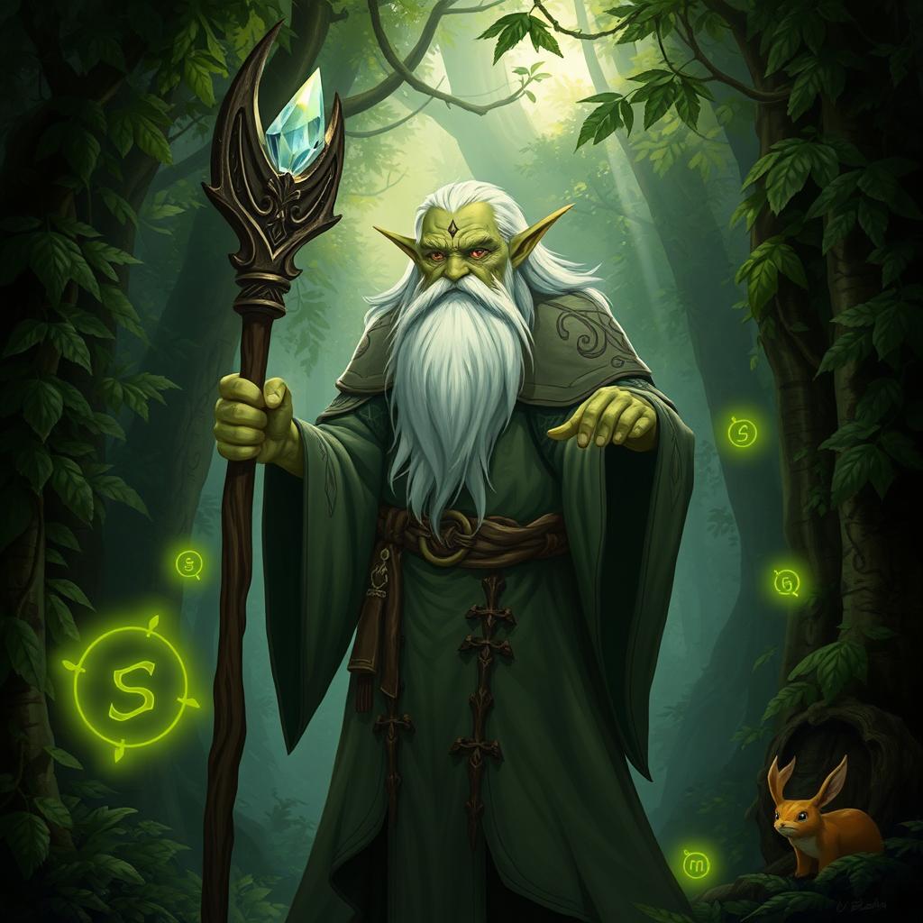 An elderly Firbolg wizard in a mystical forest setting