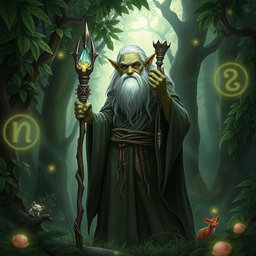 An elderly Firbolg wizard in a mystical forest setting