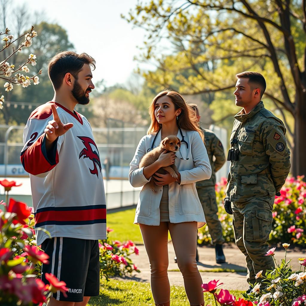 An emotionally charged scene capturing the pivotal moment of love choice involving a charming hockey player, a dedicated veterinarian, and a courageous army soldier