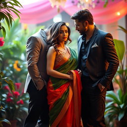 A romantic and seductive scene featuring a married woman elegantly dressed in a flowing, colorful saree that drapes beautifully around her