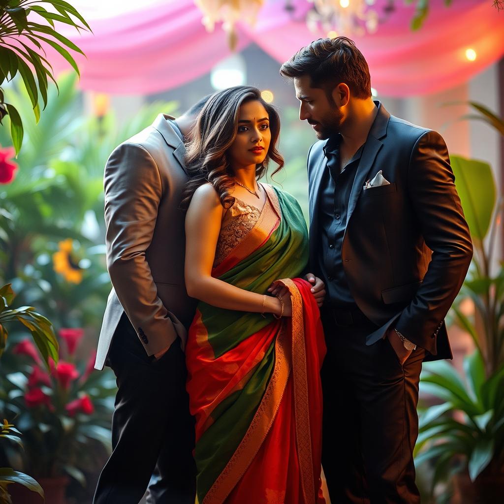 A romantic and seductive scene featuring a married woman elegantly dressed in a flowing, colorful saree that drapes beautifully around her