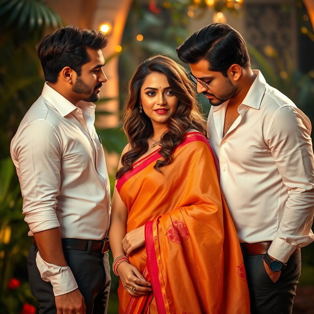 A romantic and seductive scene featuring a married woman elegantly dressed in a flowing, colorful saree that drapes beautifully around her