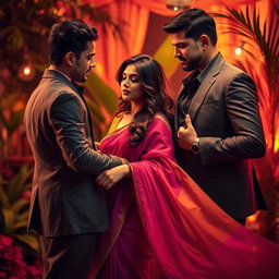 A romantic and seductive scene featuring a married woman elegantly dressed in a flowing, colorful saree that drapes beautifully around her