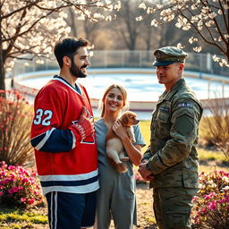 An emotionally charged scene depicting a love choice between three captivating characters: a charismatic hockey player, a compassionate veterinarian, and a brave army soldier