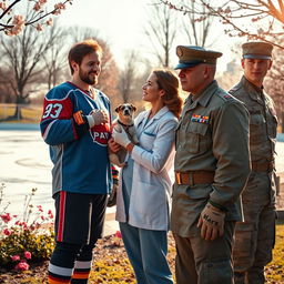 An emotionally charged scene depicting a love choice between three captivating characters: a charismatic hockey player, a compassionate veterinarian, and a brave army soldier