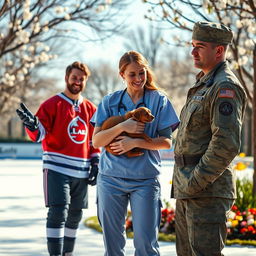 An emotionally charged scene depicting a love choice between three captivating characters: a charismatic hockey player, a compassionate veterinarian, and a brave army soldier