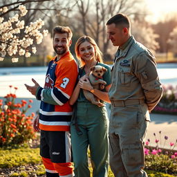 An emotionally charged scene depicting a love choice between three captivating characters: a charismatic hockey player, a compassionate veterinarian, and a brave army soldier