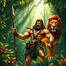 A dynamic scene featuring Kraven the Hunter, a muscular man dressed in jungle-themed attire with a rugged, fierce expression