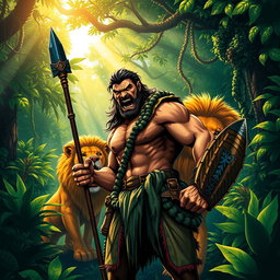 A dynamic scene featuring Kraven the Hunter, a muscular man dressed in jungle-themed attire with a rugged, fierce expression