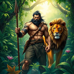 A dynamic scene featuring Kraven the Hunter, a muscular man dressed in jungle-themed attire with a rugged, fierce expression