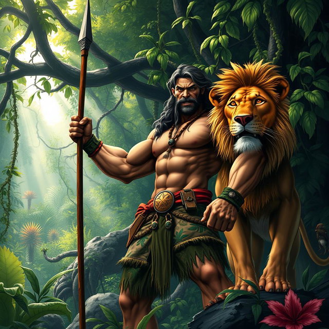 A dynamic scene featuring Kraven the Hunter, a muscular man dressed in jungle-themed attire with a rugged, fierce expression
