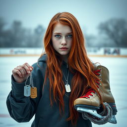 A striking image of a red-haired girl, with her vibrant hair cascading down her shoulders, holding a pair of dog tags in one hand and a pair of hockey skates in the other
