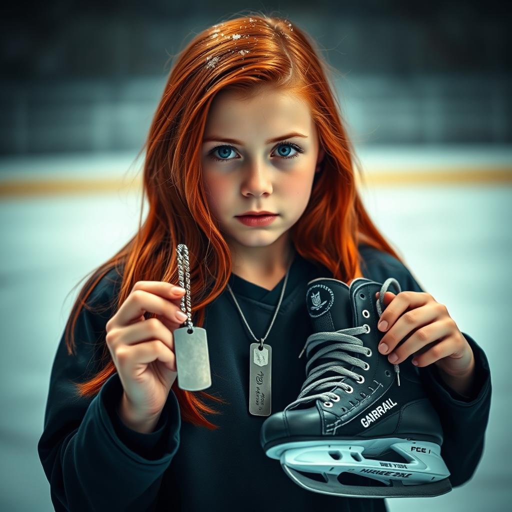 A striking image of a red-haired girl, with her vibrant hair cascading down her shoulders, holding a pair of dog tags in one hand and a pair of hockey skates in the other
