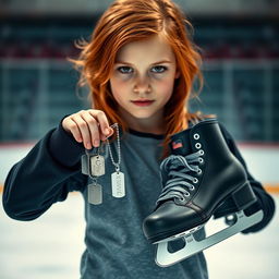 A striking image of a red-haired girl, with her vibrant hair cascading down her shoulders, holding a pair of dog tags in one hand and a pair of hockey skates in the other