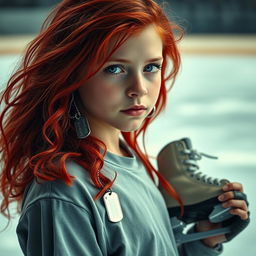 A striking image of a red-haired girl, with her vibrant hair cascading down her shoulders, holding a pair of dog tags in one hand and a pair of hockey skates in the other