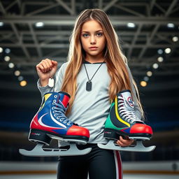 An eye-catching image of a girl with long, flowing hair standing confidently while holding a pair of dog tags in one hand and a set of colorful hockey skates in the other